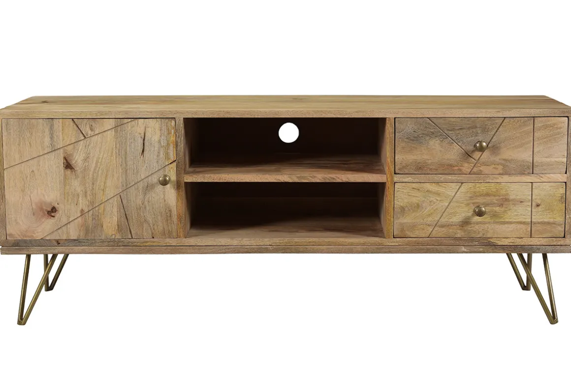 Miliboo Meuble Tv Design-Meuble TV gravé en bois manguier massif et métal L130 LINIUM