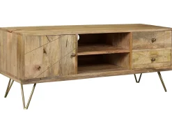 Miliboo Meuble Tv Design-Meuble TV gravé en bois manguier massif et métal L130 LINIUM