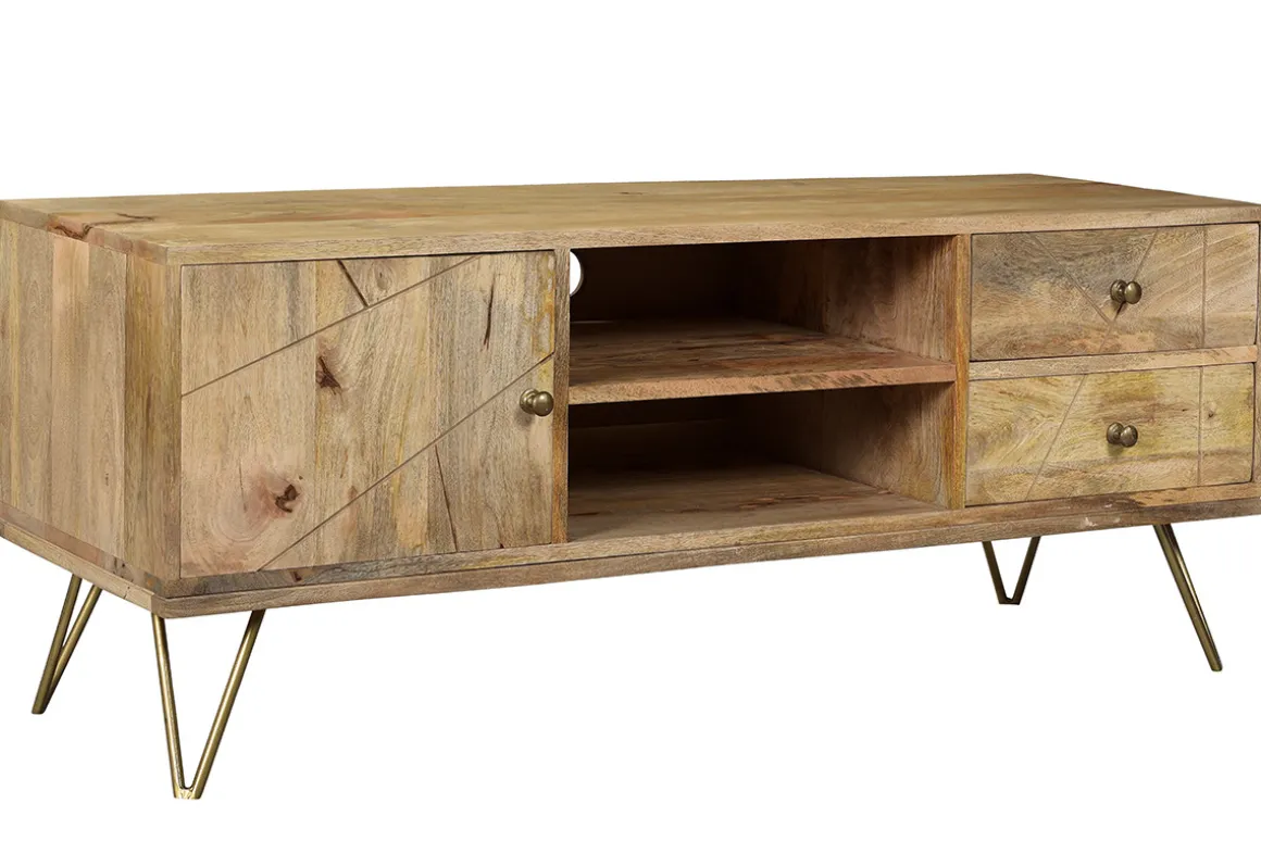 Miliboo Meuble Tv Design-Meuble TV gravé en bois manguier massif et métal L130 LINIUM