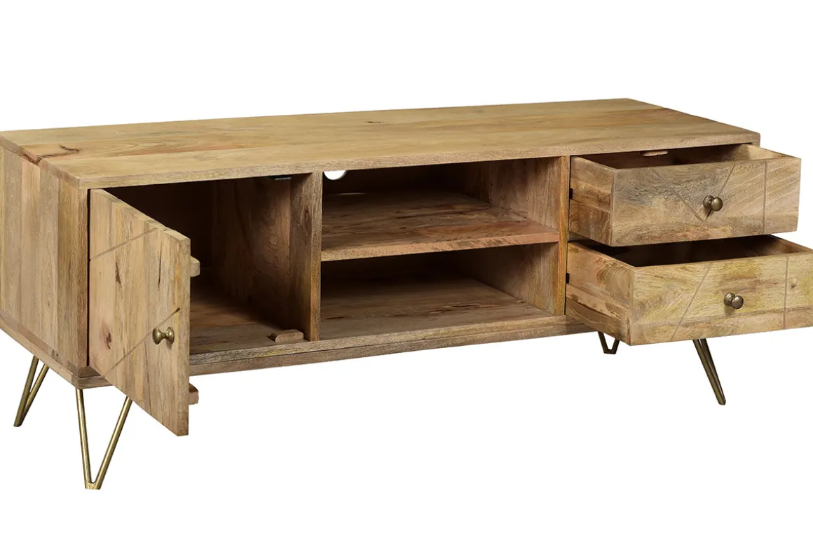 Miliboo Meuble Tv Design-Meuble TV gravé en bois manguier massif et métal L130 LINIUM