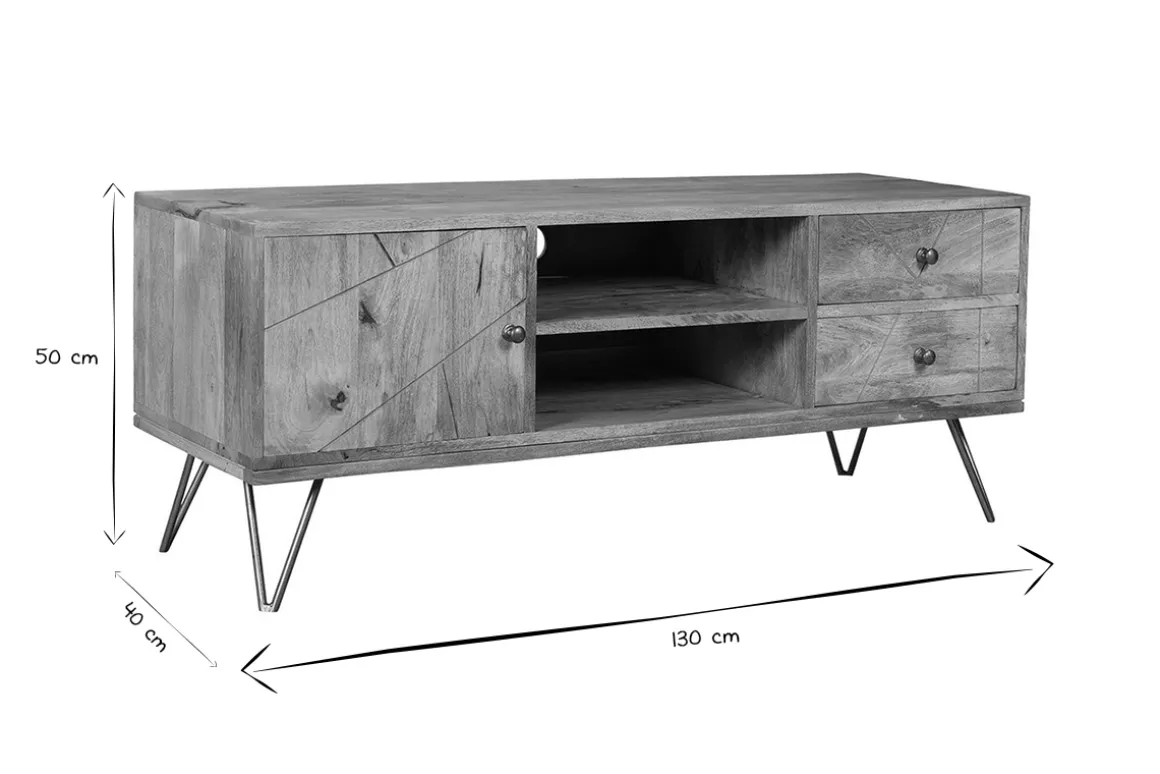 Miliboo Meuble Tv Design-Meuble TV gravé en bois manguier massif et métal L130 LINIUM