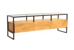 Miliboo Meuble Tv Design-Meuble TV rectangulaire avec rangements en bois manguier massif, verre et métal noir L150 cm DIYA