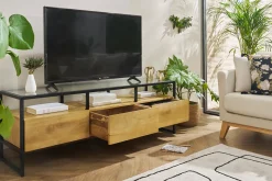 Miliboo Meuble Tv Design-Meuble TV rectangulaire avec rangements en bois manguier massif, verre et métal noir L150 cm DIYA