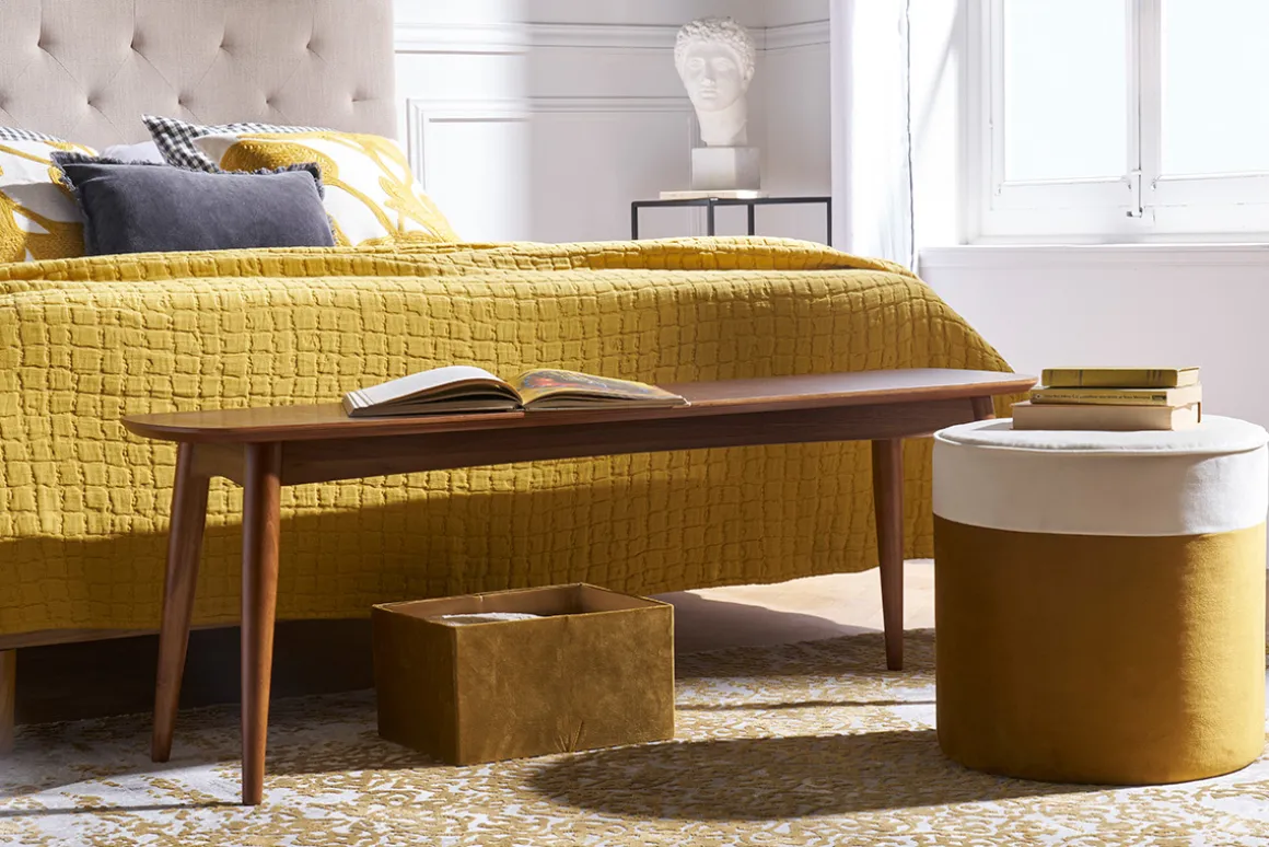 Miliboo Pouf|Pouf-Pouf design bicolore en tissu velours blanc crème et jaune cumin D40 cm DAISY