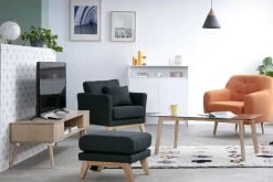 Miliboo Pouf|Pouf-Pouf repose-pieds déhoussable scandinave en tissu effet velours jaune moutarde et bois clair OSLO