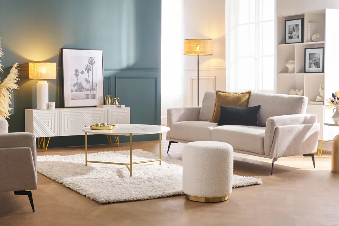 Miliboo Pouf|Pouf-Pouf rond en velours bleu pétrole et métal doré D40 cm AMAYA