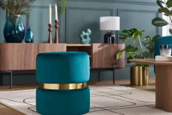 Miliboo Pouf|Pouf-Pouf rond en velours bleu pétrole et métal doré D40 cm JOY