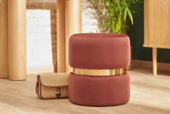 Miliboo Pouf|Pouf-Pouf rond en velours bleu rouge tomette et métal doré D40 cm JOY