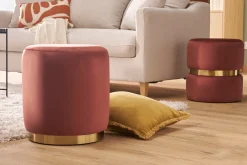 Miliboo Pouf|Pouf-Pouf rond en velours rouge tomette et métal doré D40 cm AMAYA