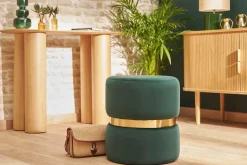 Miliboo Pouf|Pouf-Pouf rond en velours vert foncé et métal doré D40 cm JOY