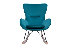 Miliboo Rocking Chair|Voir Tous Les Fauteuils-Rocking chair design en tissu velours gaufré bleu canard, métal noir et bois clair ESKUA