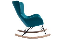 Miliboo Rocking Chair|Voir Tous Les Fauteuils-Rocking chair design en tissu velours gaufré bleu canard, métal noir et bois clair ESKUA
