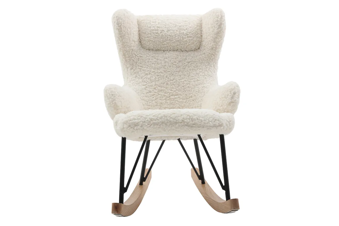 Miliboo Fauteuil Enfant-Rocking chair enfant en tissu effet peau de mouton blanc, métal noir et bois clair SHAUN