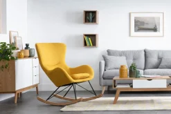 Miliboo Rocking Chair|Voir Tous Les Fauteuils-Rocking chair scandinave en tissu effet velours jaune moutarde, métal noir et bois clair ESKUA
