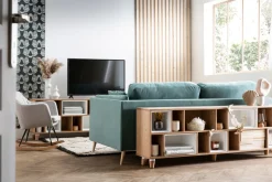 Miliboo Rocking Chair|Voir Tous Les Fauteuils-Rocking chair scandinave en tissu bleu canard, métal noir et bois clair ALEYNA