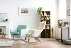 Miliboo Rocking Chair|Voir Tous Les Fauteuils-Rocking chair scandinave en tissu effet peau de mouton blanc, métal noir et bois clair JHENE