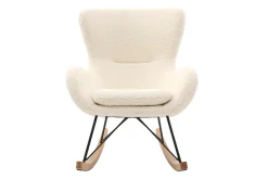 Miliboo Rocking Chair|Voir Tous Les Fauteuils-Rocking chair scandinave en tissu effet peau de mouton blanc, métal noir et bois clair ESKUA