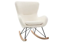 Miliboo Rocking Chair|Voir Tous Les Fauteuils-Rocking chair scandinave en tissu effet peau de mouton blanc, métal noir et bois clair ESKUA