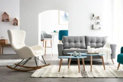 Miliboo Rocking Chair|Voir Tous Les Fauteuils-Rocking chair scandinave en tissu effet peau de mouton blanc, métal noir et bois clair ESKUA