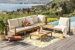 Miliboo Salon De Jardin-Salon de jardin d'angle 6-8 places en bois massif avec coussins déhoussables beige naturel SALSA