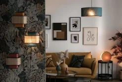 Miliboo Suspension|Suspension-Suspension cylindrique en lin bleu paon et rabane naturelle D50 cm TRAVES