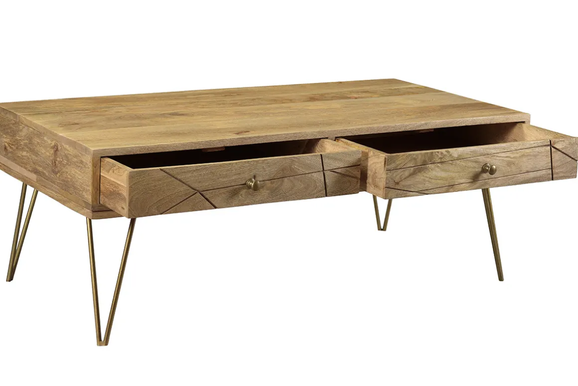 Miliboo Table Basse-Table basse 2 tiroirs gravée bois manguier massif et métal doré L120 cm LINIUM