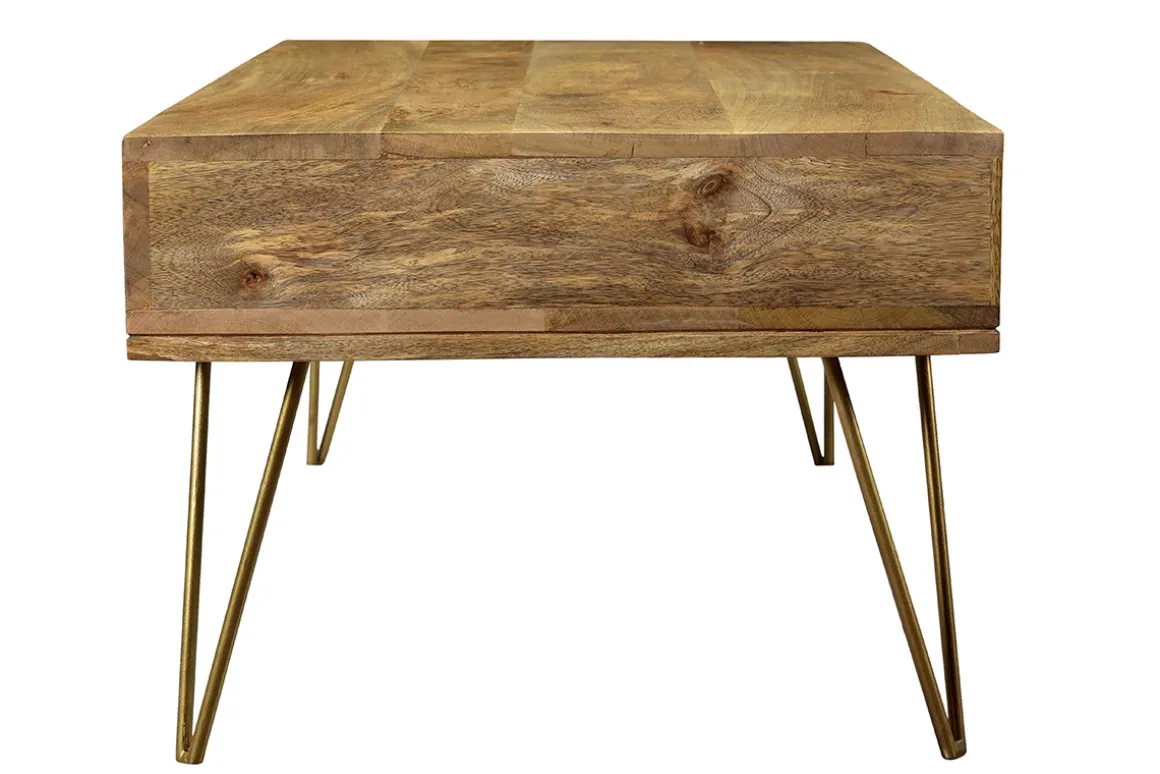 Miliboo Table Basse-Table basse 2 tiroirs gravée bois manguier massif et métal doré L120 cm LINIUM
