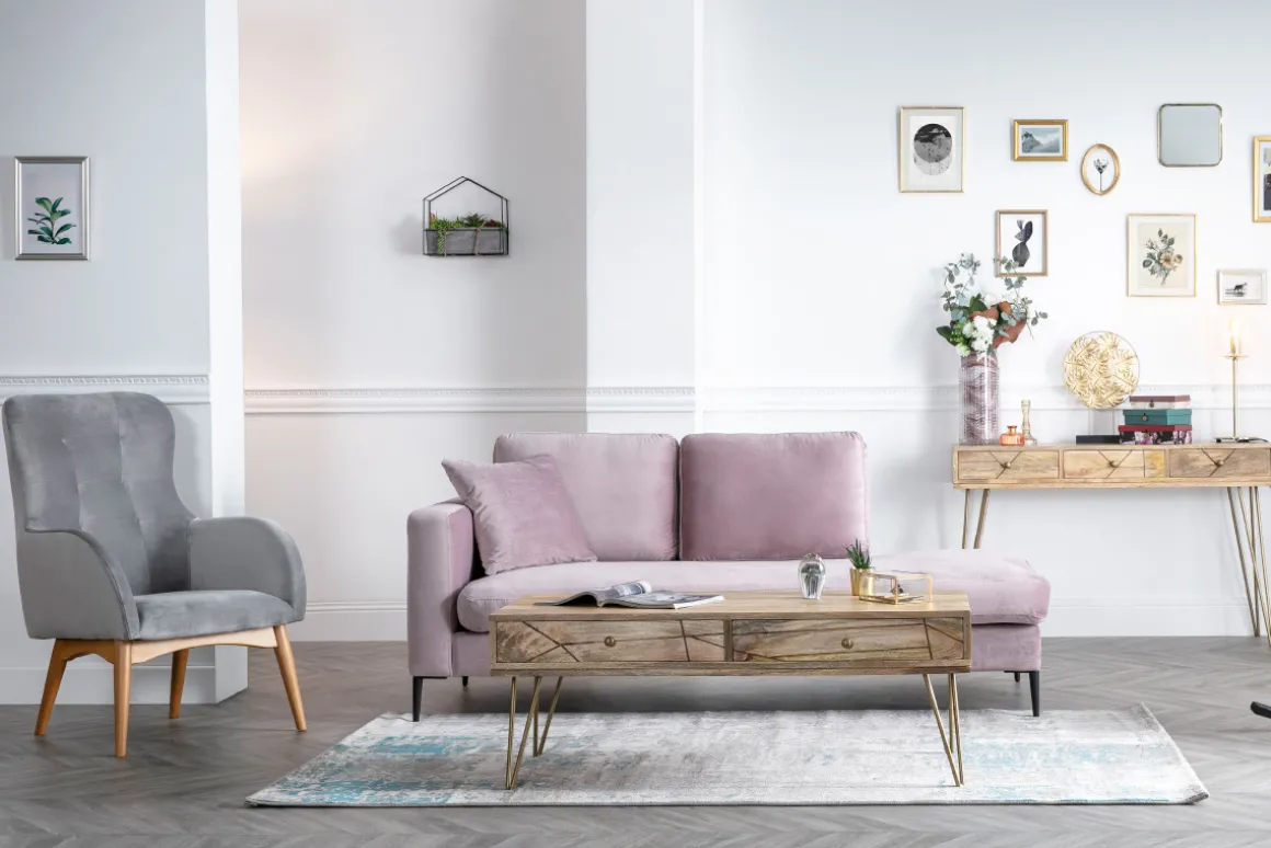 Miliboo Table Basse-Table basse 2 tiroirs gravée bois manguier massif et métal doré L120 cm LINIUM