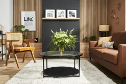 Miliboo Table Basse-Table basse ronde avec double plateau en verre recyclé et métal noir D85 cm WELLE