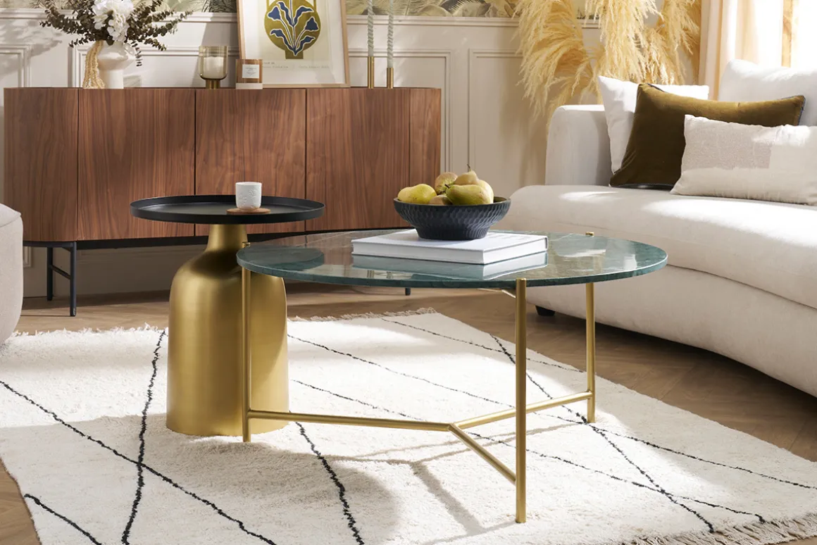 Miliboo Table Basse-Table basse ronde design en marbre vert et laiton D90 cm SILLON