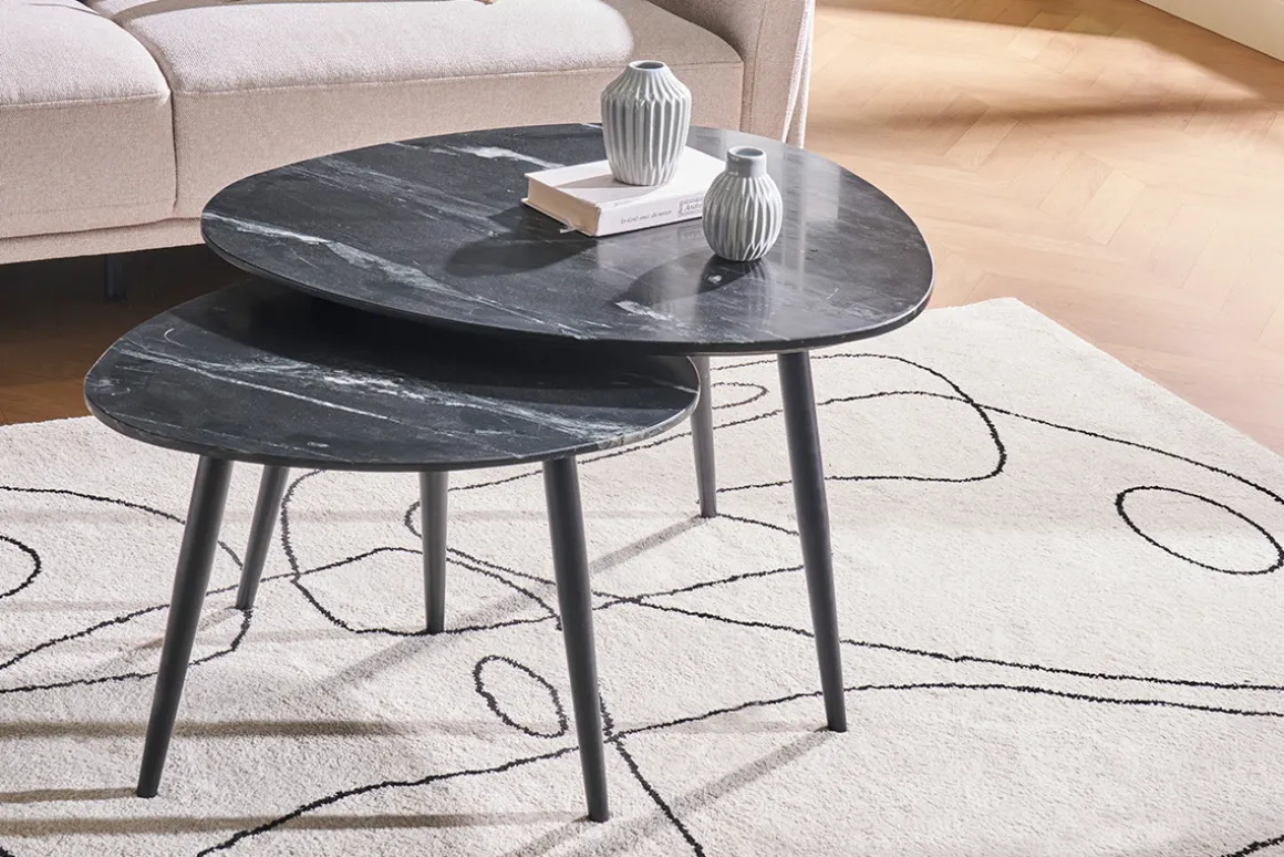 Miliboo Table Basse-Tables basses gigognes ovales en marbre noir et métal (lot de 2) PLATZ