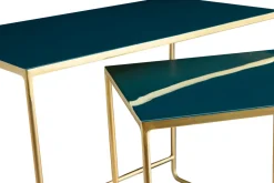Miliboo Table Basse|Table D'appoint-Tables basses gigognes rectangulaires design bleu pétrole et métal doré (lot de 2) WESS