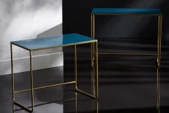 Miliboo Table Basse|Table D'appoint-Tables basses gigognes rectangulaires design bleu pétrole et métal doré (lot de 2) WESS
