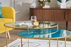 Miliboo Table Basse-Tables basses gigognes rondes design métal doré et verre teinté bleu pétrole (lot de 2) ROXO