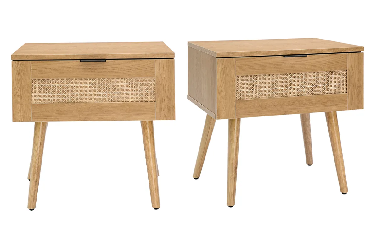 Miliboo Table De Chevet-Tables de chevet finition bois clair, cannage rotin et métal noir L50 cm (lot de 2) MANILLE