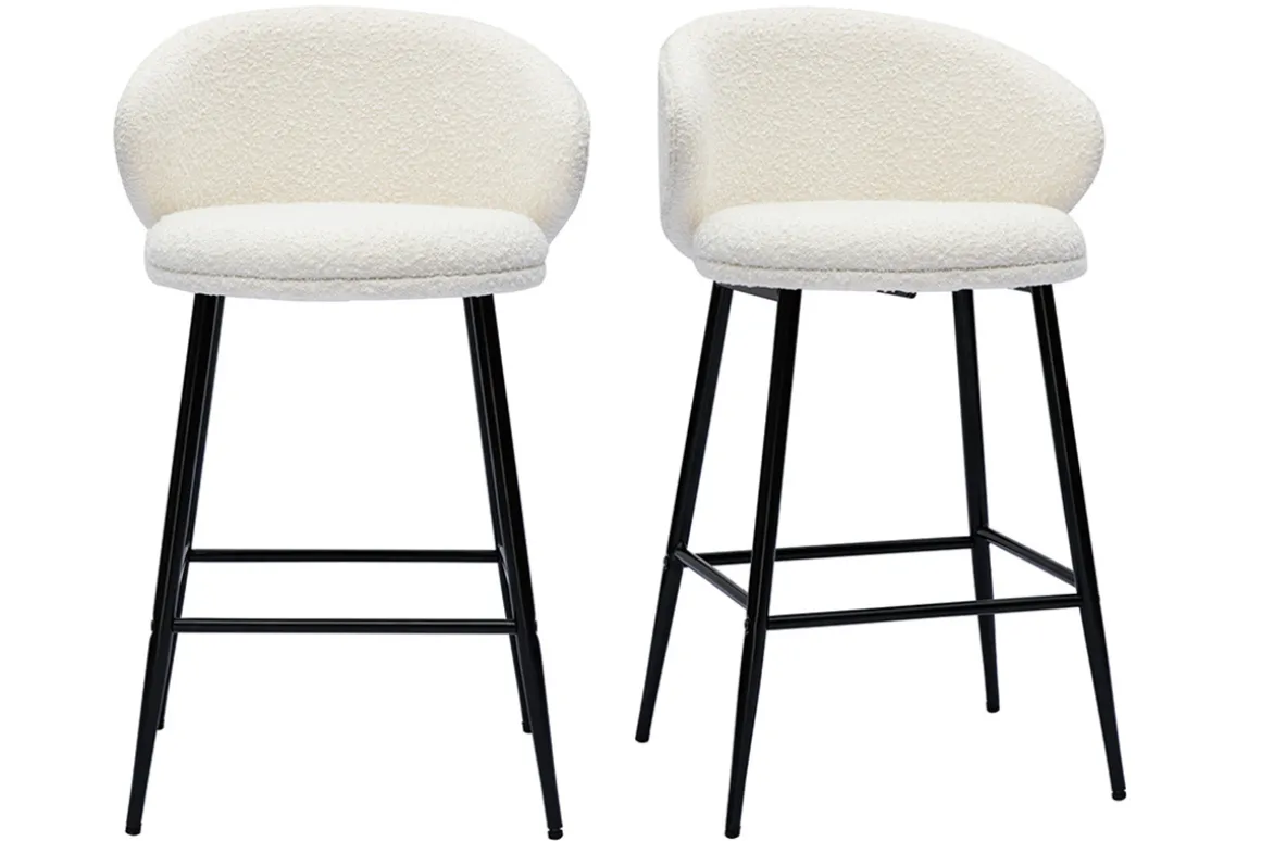 Miliboo Tabouret De Bar-Tabourets de bar design en tissu effet laine bouclée blanc cassé et métal noir H86 cm (lot de 2) ROSALIE