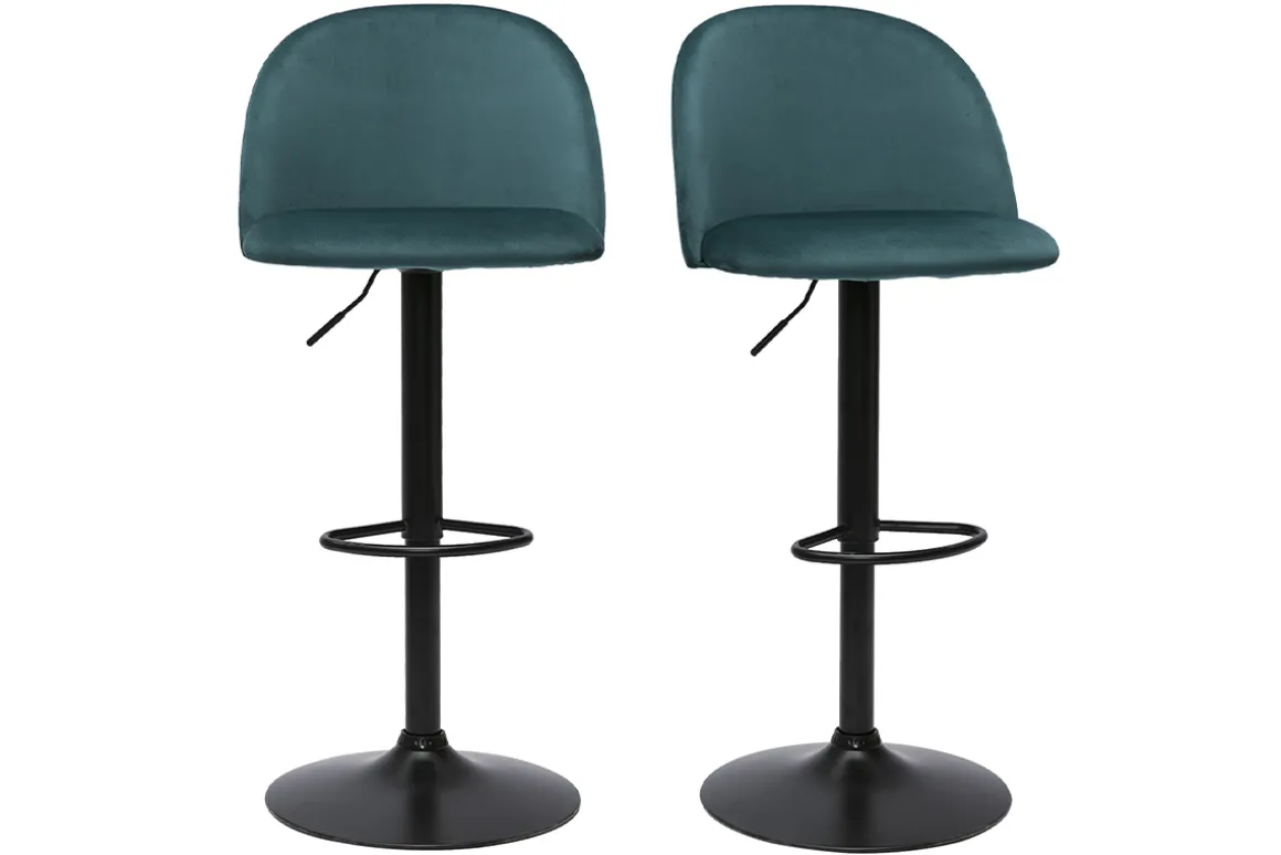 Miliboo Tabouret De Bar-Tabourets de bar réglables velours bleu pétrole et métal noir (lot de 2) CELESTE