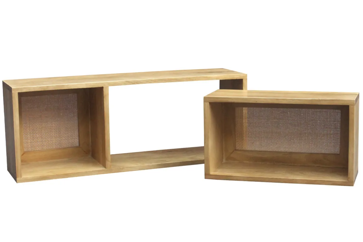 Miliboo Etagère Murale-Étagères niches murales gigognes en bois manguier massif et cannage rotin L80 cm (lot de 2) ACANGE